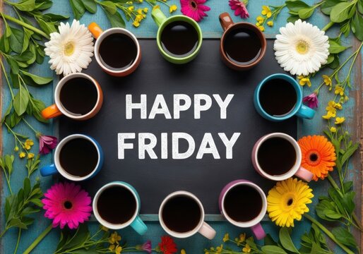Happy Friday arranged with colorful coffee cups and flowers on a dark chalkboard surface.