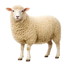 Fototapeta premium Fluffy white sheep standing with curly wool isolated on transparent background
