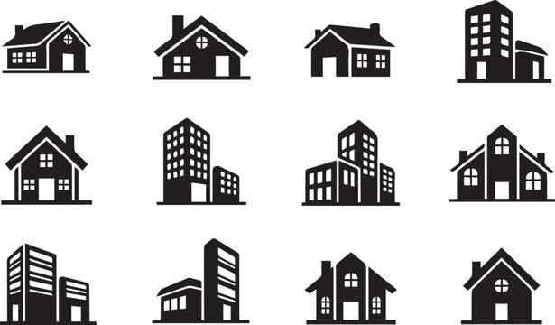 Collection of various house and building silhouettes