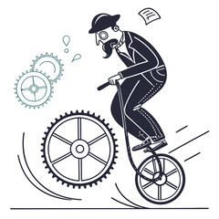 Whimsical illustration of a failed inventor riding a wobbly unicycle machine, symbolizing precarious progress and quirky endeavors. © Wow