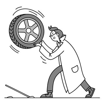 Flat vector illustration of a bumbling failed inventor testing a bizarre contraption with wildly unstable wheels, depicting an experiment gone wrong and comical disarray.