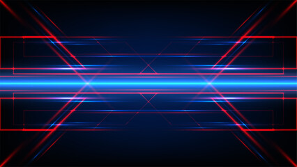 Futuristic technology background with glowing neon red and blue light streaks in symmetrical geometric pattern for digital innovation and high tech cyber
