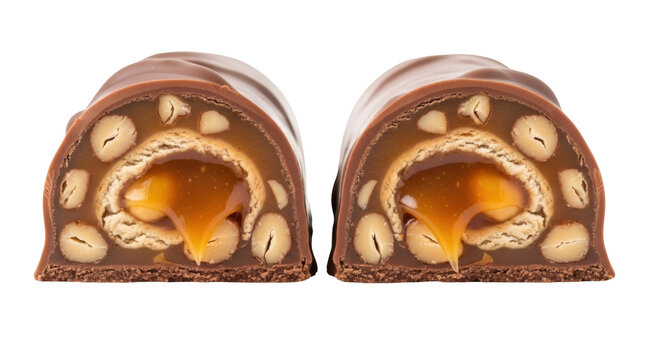 Delicious Snickers chocolate bar cut in half isolated PNG, caramel and peanuts candy for sweet snack and dessert