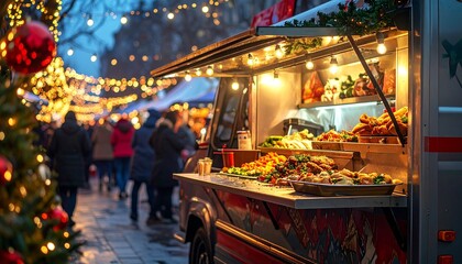 Food Truck Street Food Scene During Festive New Year&rsquo;s Eve Night Celebration
