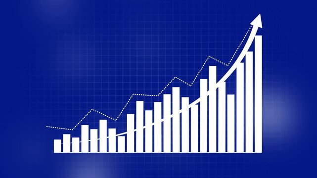 Business data analysis graph with bar chart and line graph on blue background with grid pattern finance