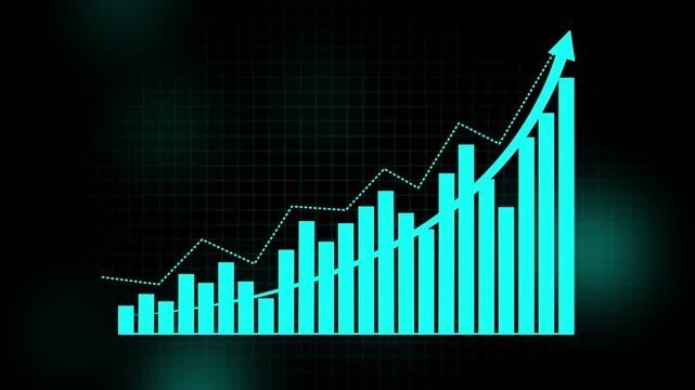 Business data analysis graph with rising trend line and bar chart on dark background with grid pattern for finance and statistics presentations