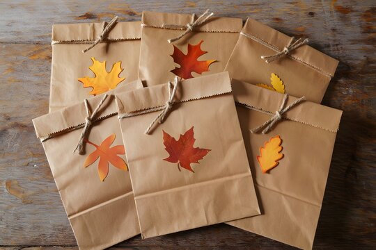 Brown paper gift bags decorated with colorful autumn maple leaves, tied with twine, on a wooden background