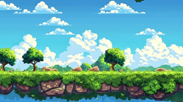 Seamless 2D cartoon game landscape with green grass platform, trees, and blue sky perfect for streaming background and intro background