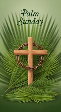 A serene vertical image of a simple wooden cross placed over a dense bed of green palm leaves, symbolizing the entrance of Jesus into Jerusalem.