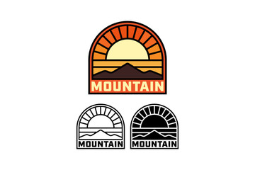 Mountain landscape with rising sun and layered horizon lines retro badge logo design set for adventure. Desert mountain range with sunset scene vintage patch sticker pack for outdoor