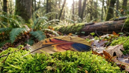 Vibrant Golden Pheasant Feather Rests on Mossy Forest Floor with Sunlight Streaking Through Trees