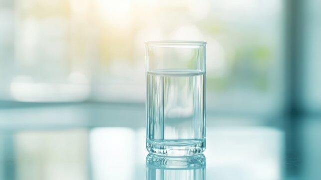 A clear glass filled with pure water sits on a reflective surface bathed in soft sunlight.