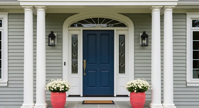 A welcoming colonial-style home entrance featuring a bold navy blue front door, classic white columns, sidelights, and cheerful daisy planters. Ideal for home decor and real estate.