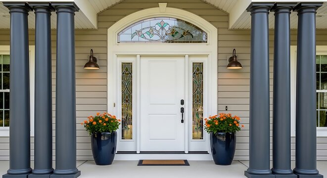 Welcoming front entryway of a modern home featuring a white door, stained glass transom and sidelights, elegant columns, and vibrant potted flowers. Ideal for home design and real estate visuals.