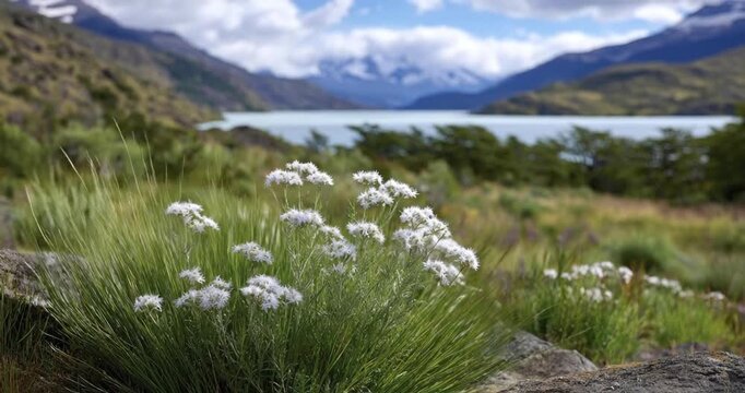 A stunning, wide-angle view captures the majestic grandeur of a pristine natural landscape under a bright, cloud-dotted sky. In the foreground, delicate white wildflowers and vibrant green grasses swa
