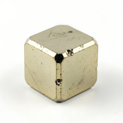 Rough textured metallic gold-colored cube with sharp edges on white surface object