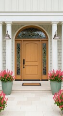 Discover a stunning home entrance with an arched wooden door, intricate stained glass transom & sidelights, elegant white columns, and vibrant pink flowers. Perfect curb appeal.