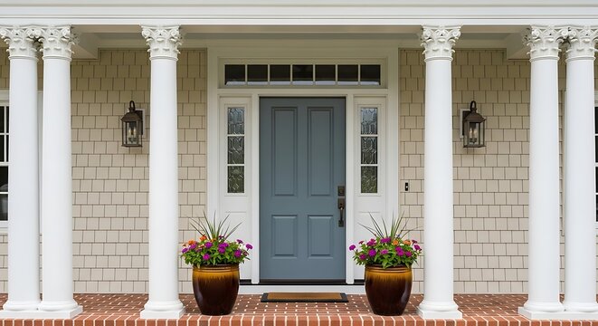 Elegant home entrance featuring a serene blue front door, stately white columns, and vibrant potted flowers on a brick porch. Classic residential design.