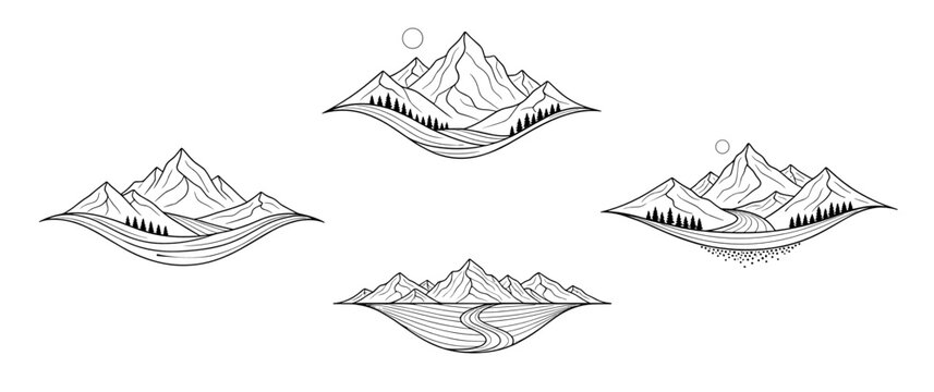 Stylized mountain landscape decorative dividers for adventure-themed design