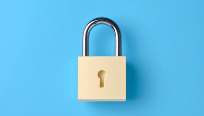 Fototapeta premium Beige padlock with metallic shackle and keyhole symbol on light blue background.