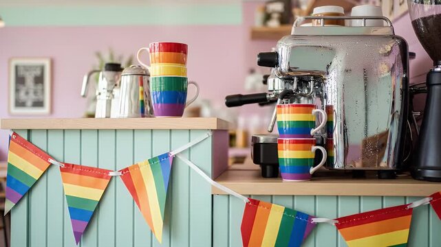 Pride Themed Coffee Shop Display with Rainbow Flag Bunting, Stacked Mugs and Espresso Machine on a Pastel Green Counter