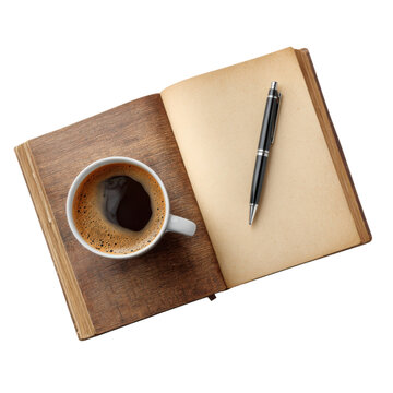 Rustic coffee cup and open notebook, wooden desk flat lay, minimal workspace still life for blogging and writing isolated on Transparent Background