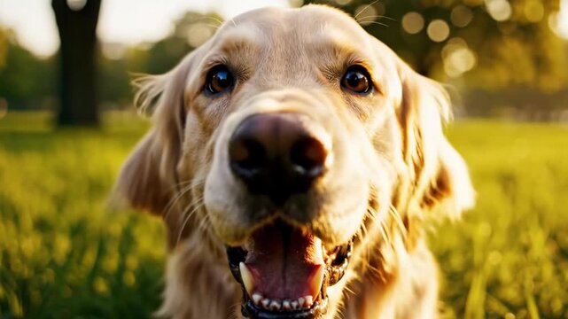 Happy Golden Retriever Dog Runs Directly Towards Camera In Slow Motion Through Sunny Park Grass At Golden Hour