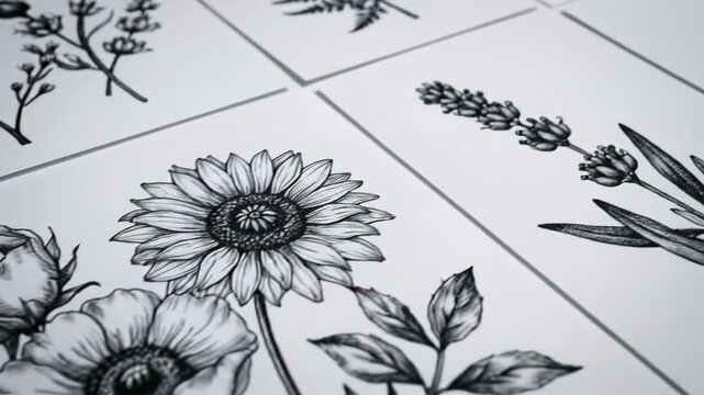 Elegant black and white botanical drawings of rose and fern