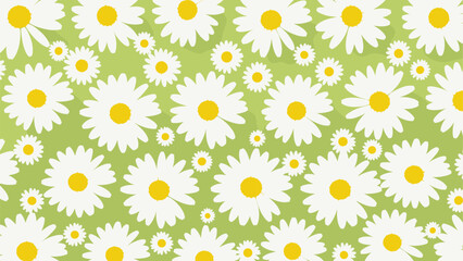 Obraz premium Vibrant floral pattern featuring numerous white daisy flowers with bright yellow centers against a fresh and natural green background.