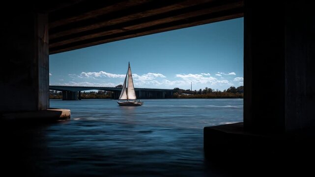 Sailboat under a bridge on a sunny day with blue water and sky