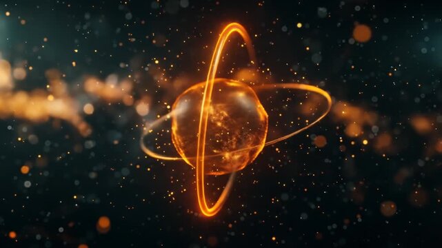 Abstract glowing atom model with energy rings and particle effects