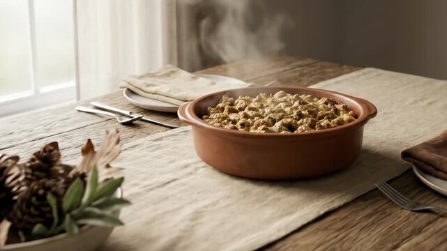 thanksgiving dining table. A cozy dining setting featuring a rustic wooden table adorned with a bowl of pinecones, fresh leaves, and a steaming dish of food, set by a window