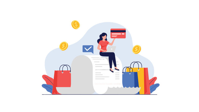 Young woman sitting on a giant shopping receipt while holding a credit card and surrounded by colorful shopping bags.