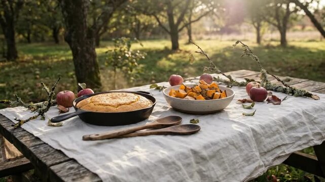 thanksgiving dining table. A rustic outdoor setting featuring a wooden table adorned with a cast-iron skillet filled with golden cornbread, a bowl of roasted squash, and fresh apples