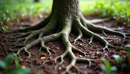 Close-up detailed view of a tree's strong exposed roots spreading across dark soil with small green sprouts growing