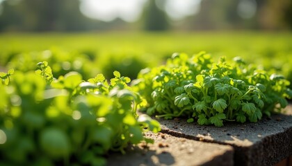 Vibrant green parsley plants growing in a sunlit outdoor garden bed with soft focus background agriculture fresh herbs