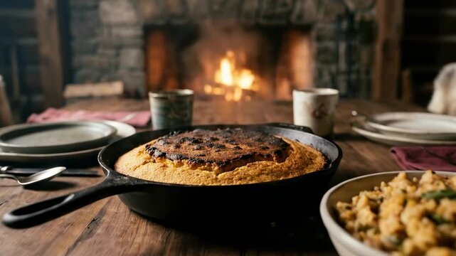 thanksgiving dining table. A rustic dining scene showcases a cast-iron skillet cornbread and a bowl of mixed vegetables, set against a warm fireplace and wooden table ambiance