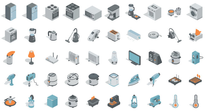 Isometric home appliances and electronics icon set &ndash; modern household equipment vector collection