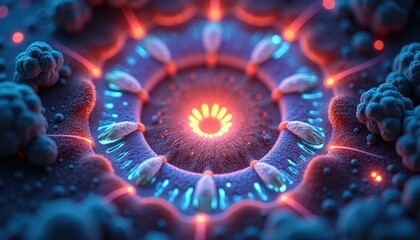 Intricate Neon Mandala With Glowing Flower Center Surrounded By Organic Cellular Structures And Red Light Beams In Deep