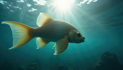 Golden Fish Swimming Underwater Sunlight Rays Filtering Through Deep Blue Ocean Water With Rocky Seabed