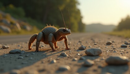 Close Up Of A Small Insect With Spikes Walking On A Dirt Road At Sunset With Hills In The Background