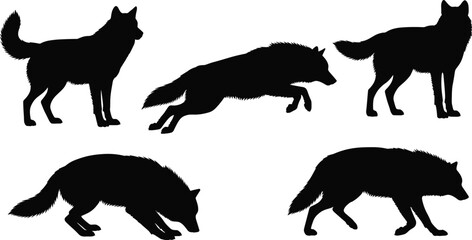 Large collection of hand drawn black wolf silhouettes featuring various wild predatory canines in standing, running, and hunting poses for elegant nature wildlife design projects