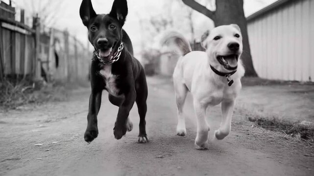 Two dogs running together down a dirt path in a yard on a cloudy day with trees in the background and other animals in the distance