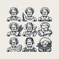 Icon set warm and friendly grandmother holding bread and a rolling pin vector