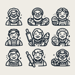 Icon set warm and friendly grandmother holding bread and a rolling pin vector