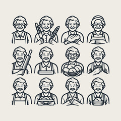 Icon set warm and friendly grandmother holding bread and a rolling pin vector