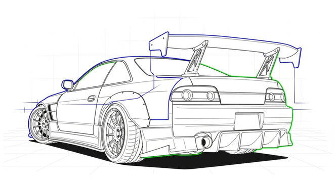 Detailed Automotive Blueprint Rendering of a Sports Car.