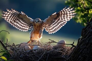 Fototapeta premium oung fledgling bird taking first flight from nest with wing spread. Nature conservation magazines, biology textbooks,startup business concepts, children's book illustrations.