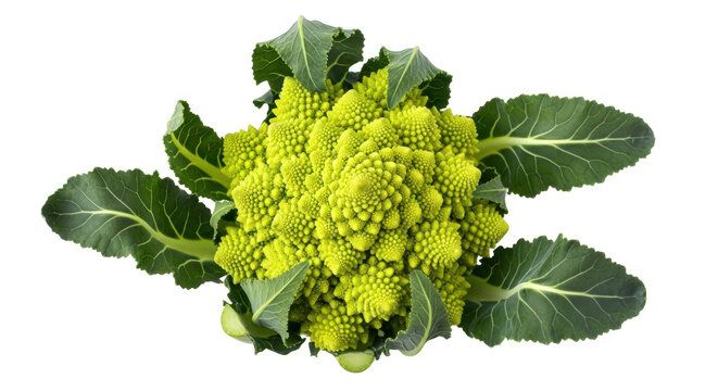 Vibrant romanesco broccoli isolated PNG, fractal vegetable with green leaves on transparent background, healthy eating and unique produce