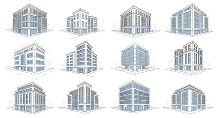 Collection of Hand Drawn Architectural Building Sketches and Outlines.